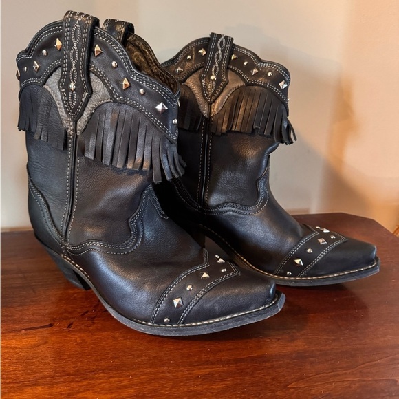 rocking country Shoes - Women’s Leather Black Fringe Western Ankle Boots by Rocking Country